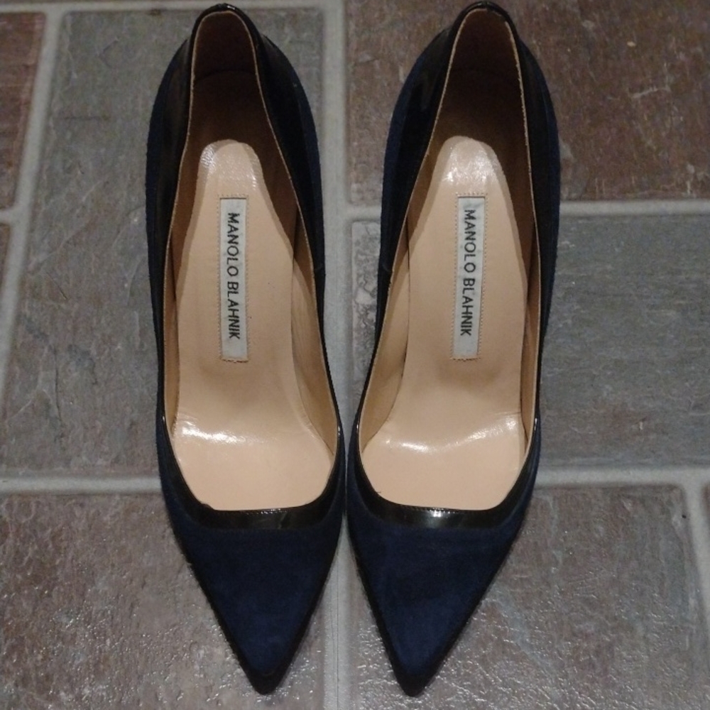 Manolo Blahnik Dark Blue Navy Suede Patent Leather Rim Pump 100mm Heels Size 36
